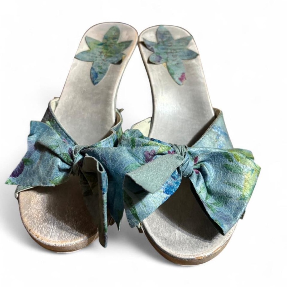 Elegant Floral Bow Mules in Silver and Blue